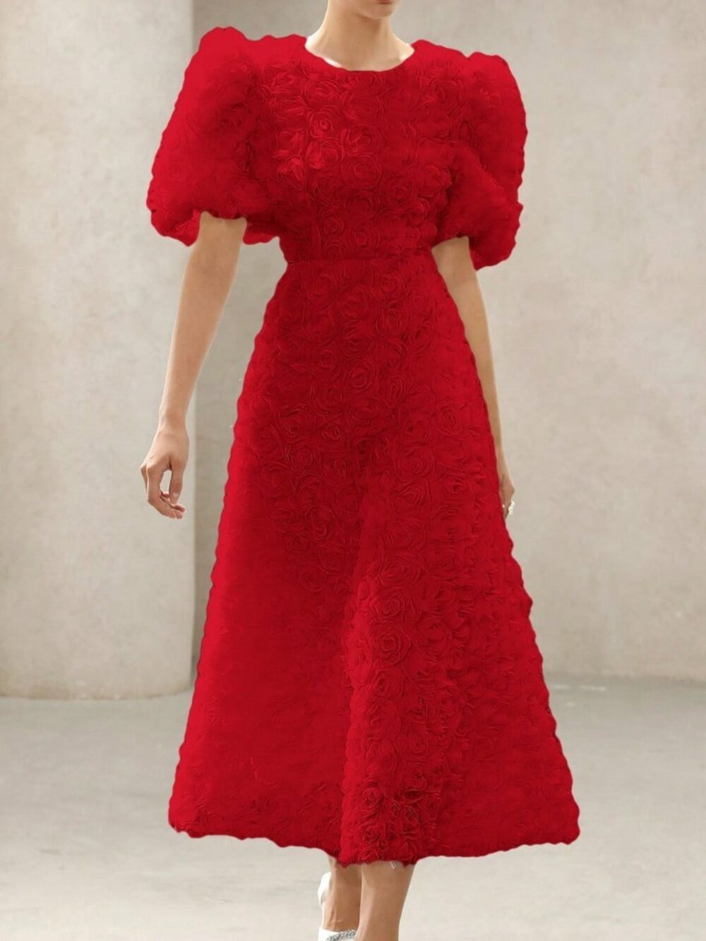 Red Elegant French Women's 3D Floral V-Neck Petal Sleeve Cinched Waist Dress - Picture 5 of 6